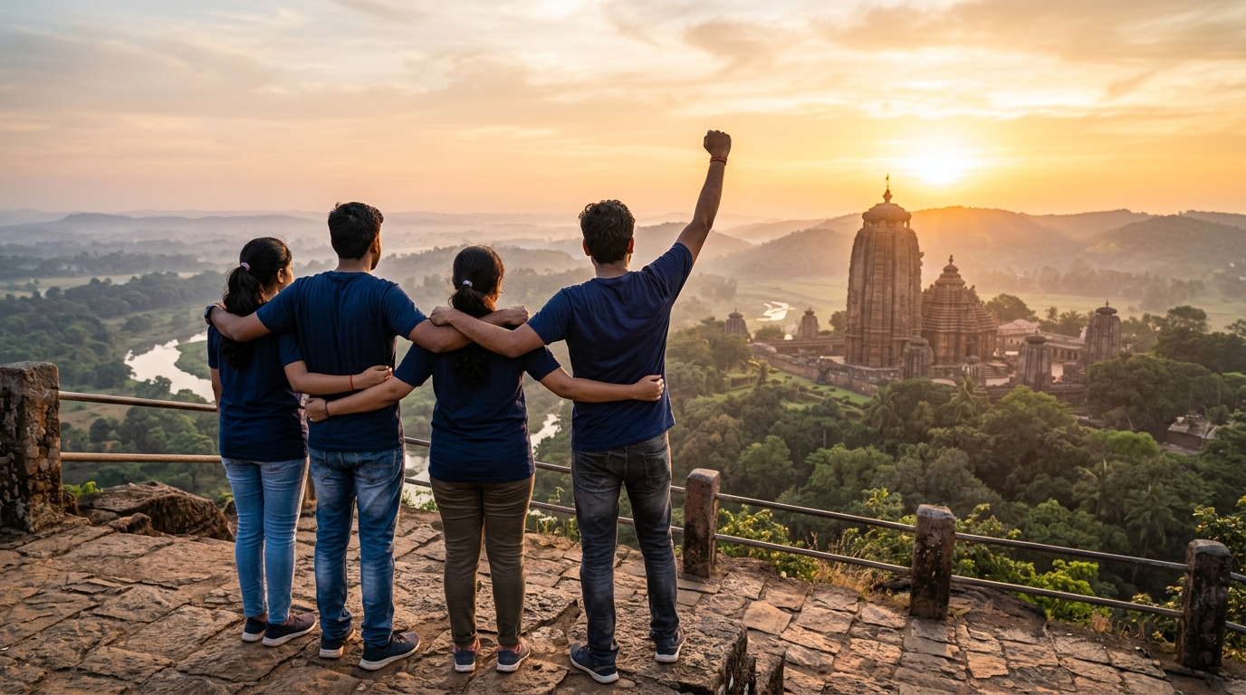 Odisha youth standing together looking towards temple skyline